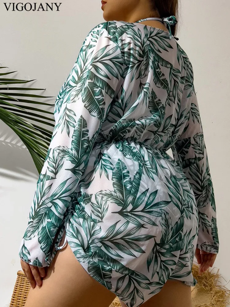 VigoJany 2025 Print 3-częściowy długi rękaw Smock Plus Size Bikini Set Kobiety Wysoka talia Duży strój kąpielowy Push UP Chubby Strój kąpielowy