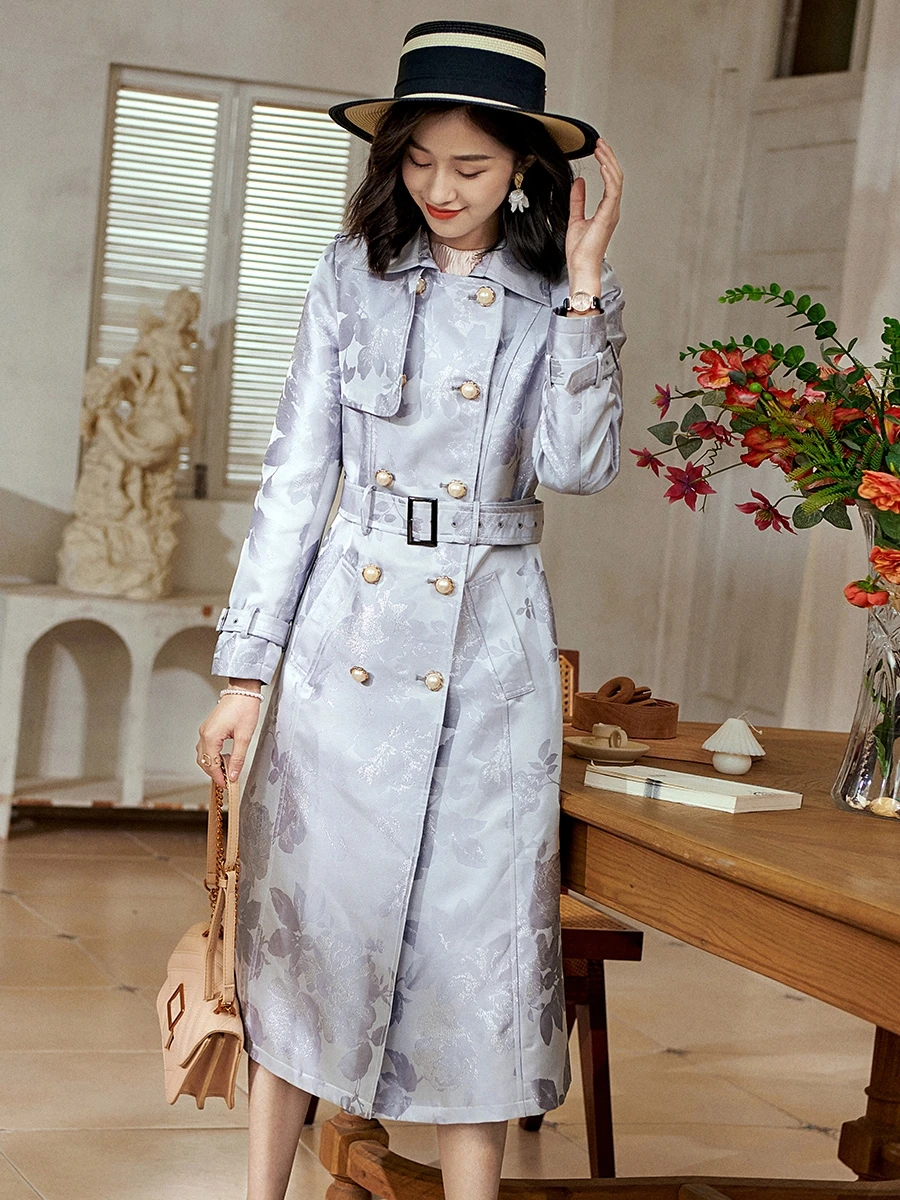 Imagem -05 - Elegante Francês Jacquard Trench Coat Duplo Breasted Prata Longo Flor Blusão com Cinto Outono Cabolsa Feminino