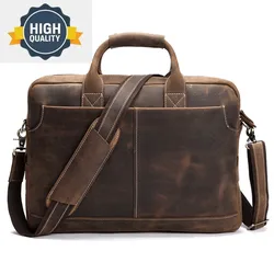 Malas de couro genuíno para homens, bolsa vintage, bolsa de ombro, laptop de negócios, cavalo louco