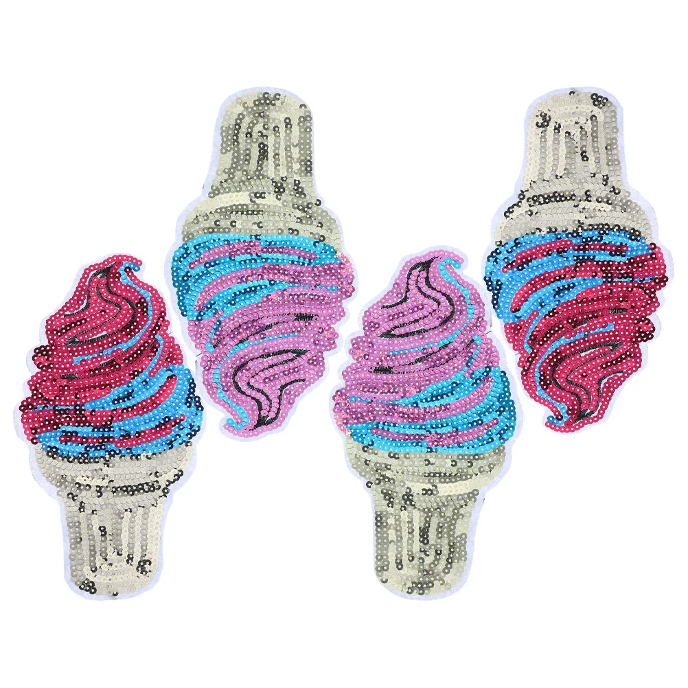 

4 Pcs Ice Cream Sequin Cloth Stickers Embroidered Cone Applique Iron On Patches Sew DIY Garment Decor Clothing Accessories