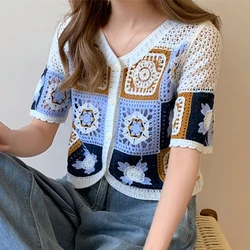 Crochet Knit Top Women Colorblock Open-Knit Button Front Short Sleeve Hollow Out Flower Embroidery Crop Top Cottagecore