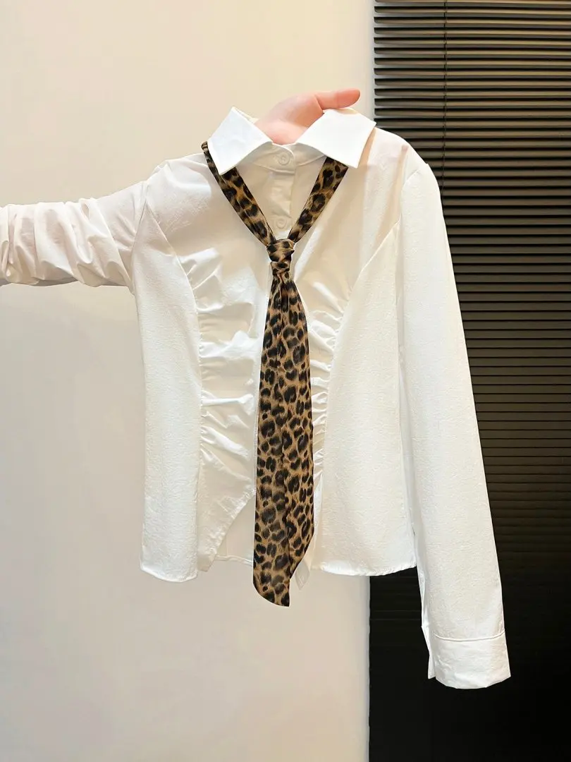 

Женская белая блузка с длинным рукавом, модная, с леопардовым принтом, на завязках, однобортная, универсальная, в корейском классическом стиле, повседневная, приталенная