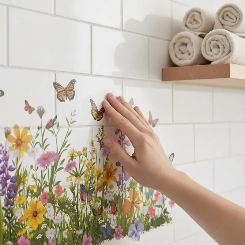 Peel and Stick Floral Wall Sticker Fresh Pattern Waterproof Non-Toxic Decal for Bathroom Sink Area Home Decoration
