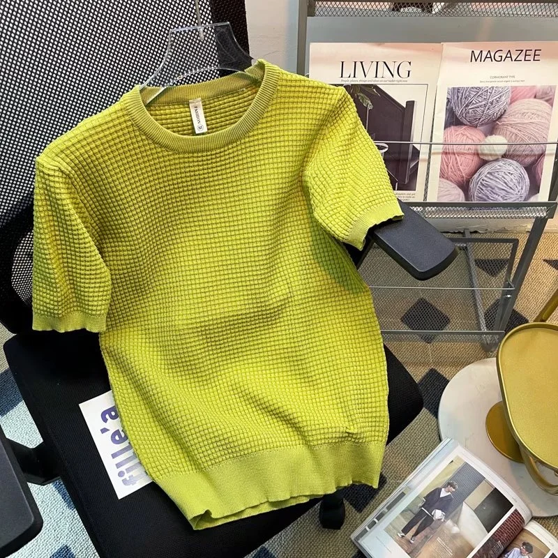 

Мужская трикотажная футболка с коротким рукавом, лето 2025, новая дизайнерская модель, с эффектом вафельной текстуры, корейский тренд-топ