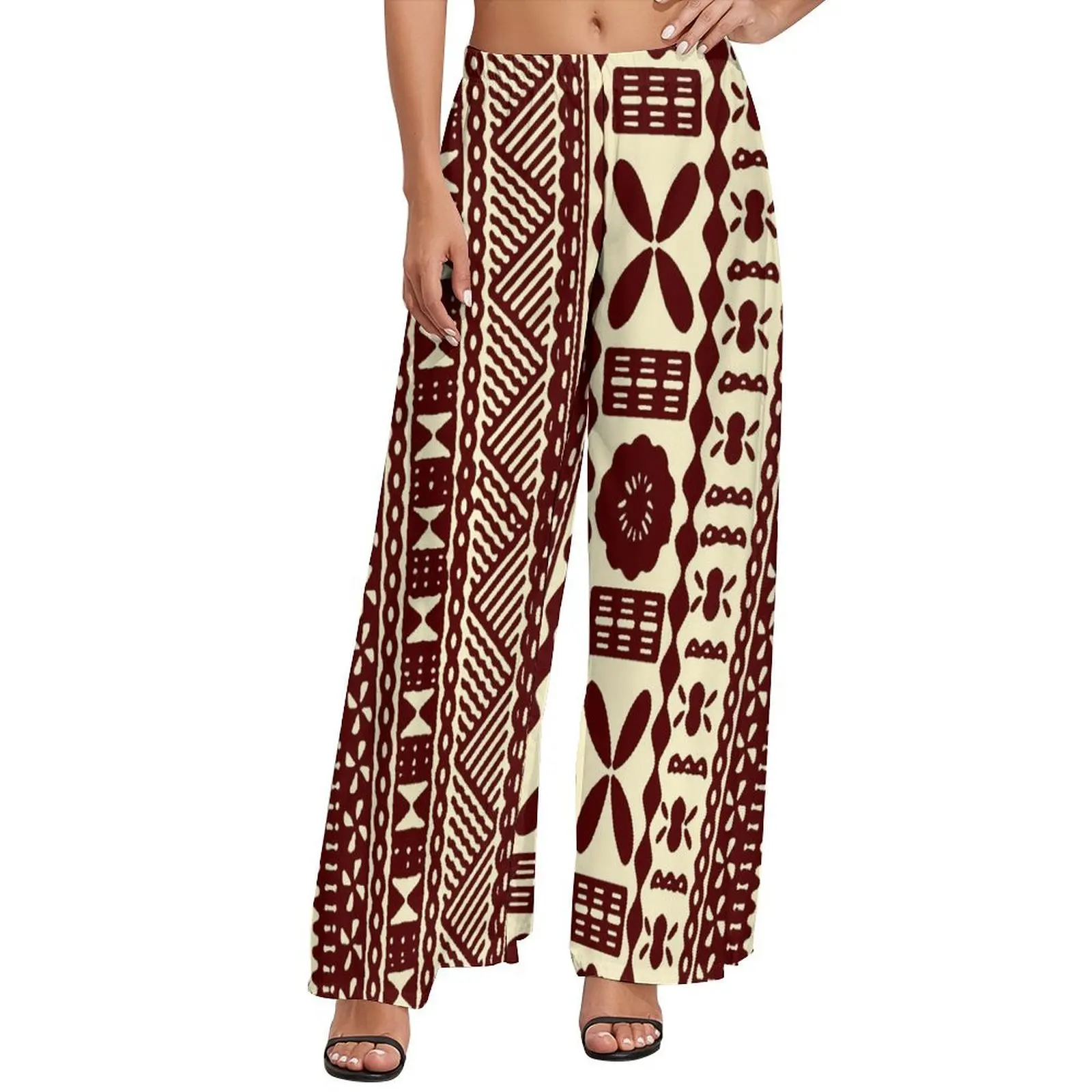 Women'S Casual Pants Women'S Vintage Print Wide Leg Pants Polynesian Tribal Ethnic Style Samoan Mid-Waist Elastic Belt