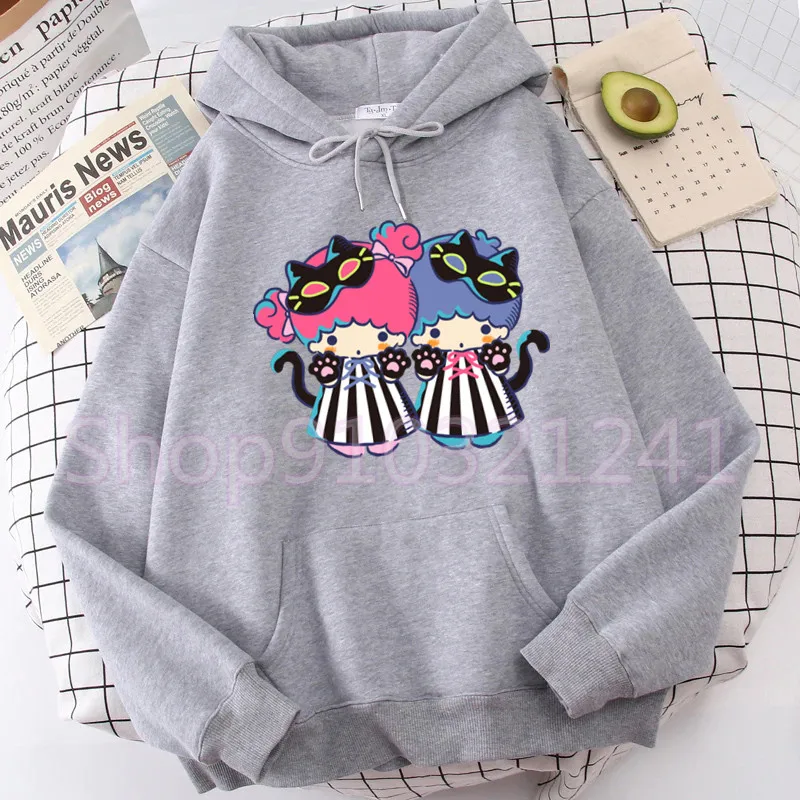 Little twin star Women Harajuku Hoodies Print Cartoon Tops Long Sleeve Pockets Autumn Hoodie Fleece Sweater Black Loose Top