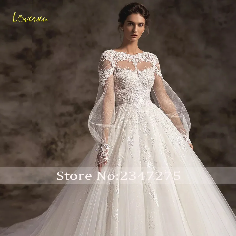 Loverxu-vestidos De Novia elegantes, corte en A, cuello redondo, manga larga abombada, apliques De cuentas, Vestido De Novia hecho a medida con lentejuelas