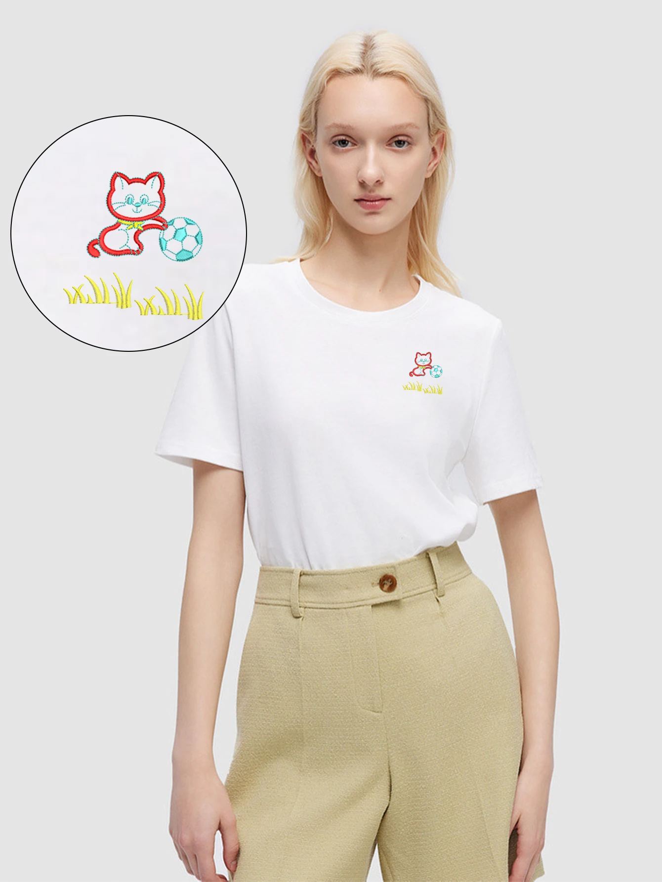 

Feline Finesse Men & Women Football Cat Embroidered T-Shirt – Soft Cotton T-Shirts with Luxury Embroidery for Casual Wear