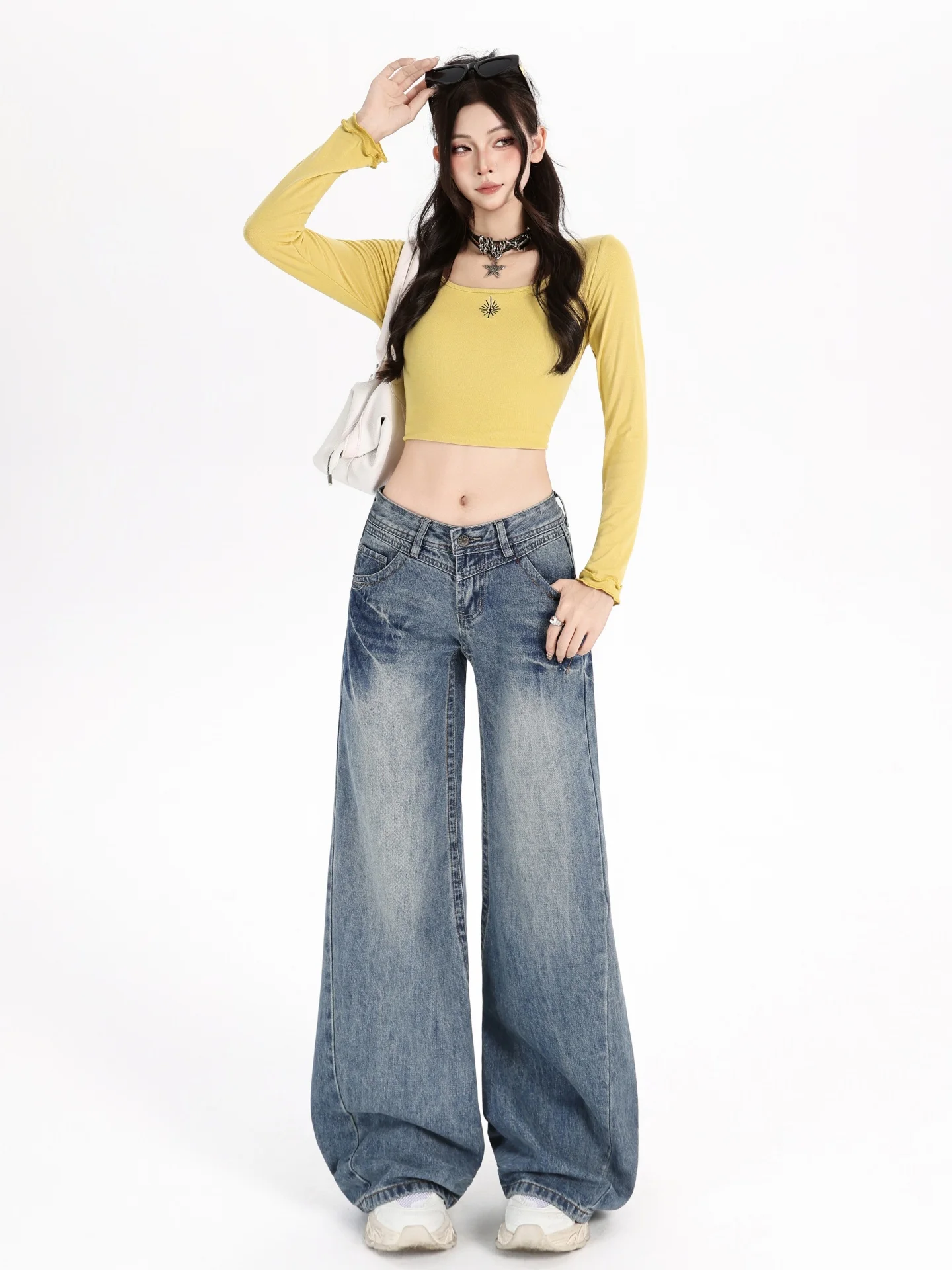 

Широкие джинсы с высокой талией, женские американские брюки в стиле ретро, свободные утягивающие джинсы, повседневные прямые брюки