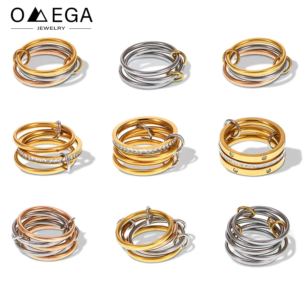 3 Colors Multi Links Stacked Rings For Women Stainless Steel 18k Gold Plated No Fade Rock Hip Hop Style Women's Ring Female Ring