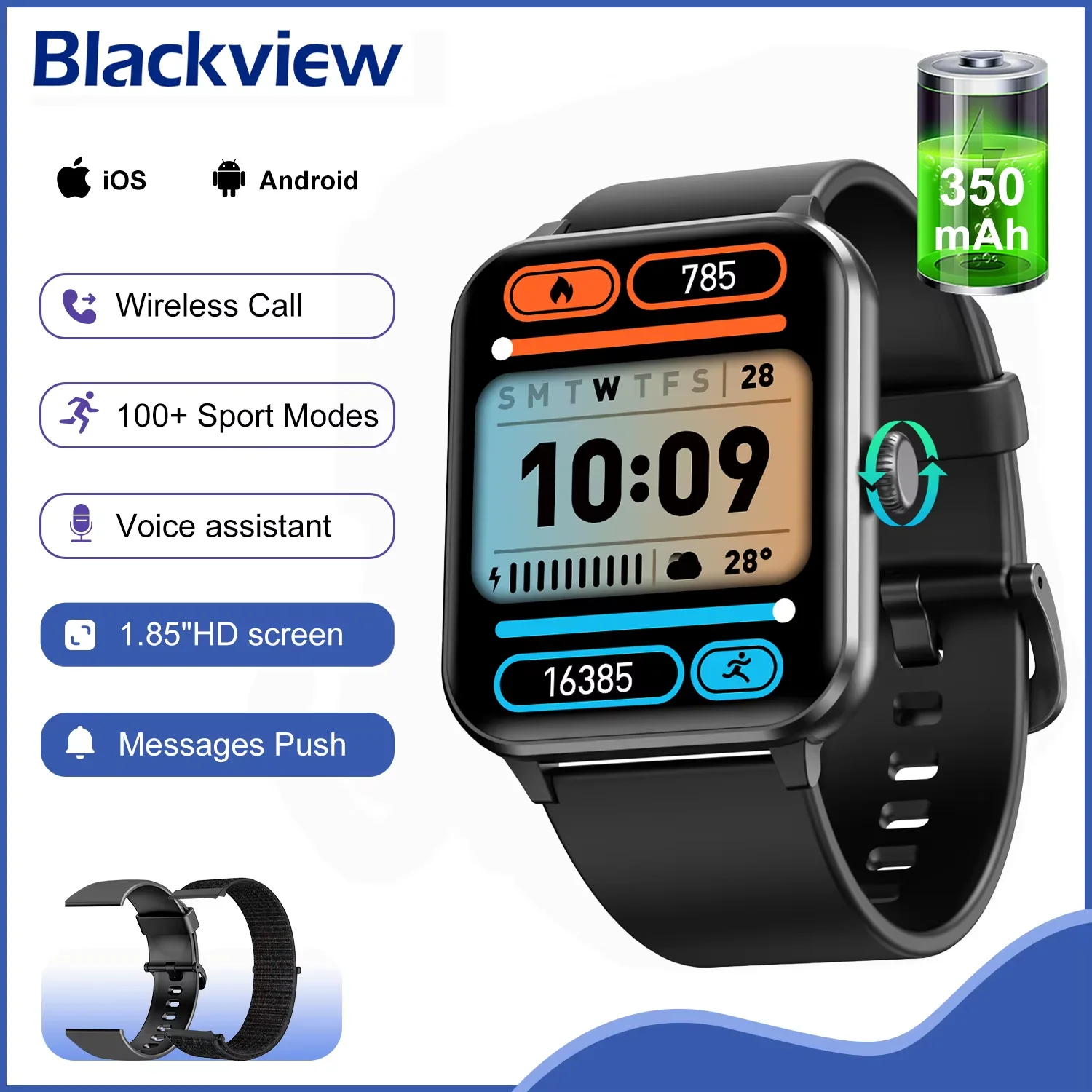 

Умные часы Blackview R50 с HD-экраном 1,85 дюйма, функцией звонков, монитором SpO2 и частоты сердечных сокращений, Bluetooth, водонепроницаемые, спортивные часы для активного отдыха и походов.