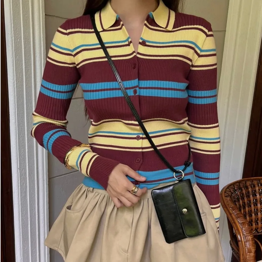 Women's Knitted Sweater East Gate Ins Charms Mature Light Elegant Small Collar Color Block Stripes Open Cardigan Top