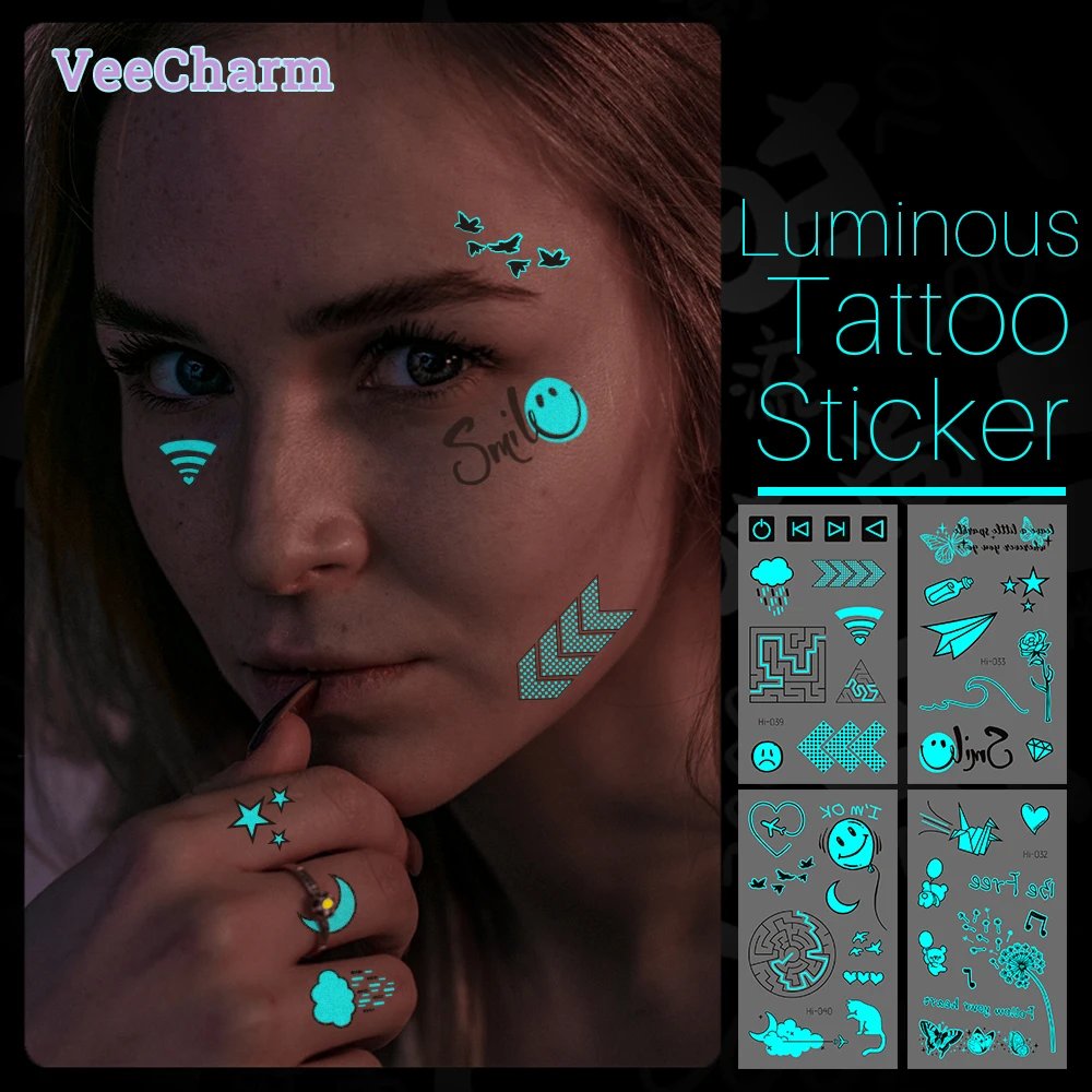 

VeeCharm - Glowing Temporary Tattoo Stickers -Multiple Patterns,Symbols,Vibrant Designs for Music Festivals, 1/6/7 Sheet