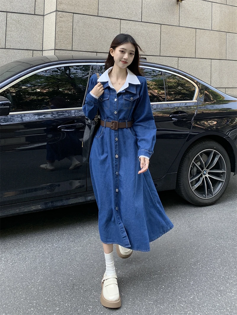 Lapel Fake Two-Piece Denim Dress Elegant Long Sleeve Single Breasted Women A-Line Maxi Dress Spring Fashion Office Lady Vestido