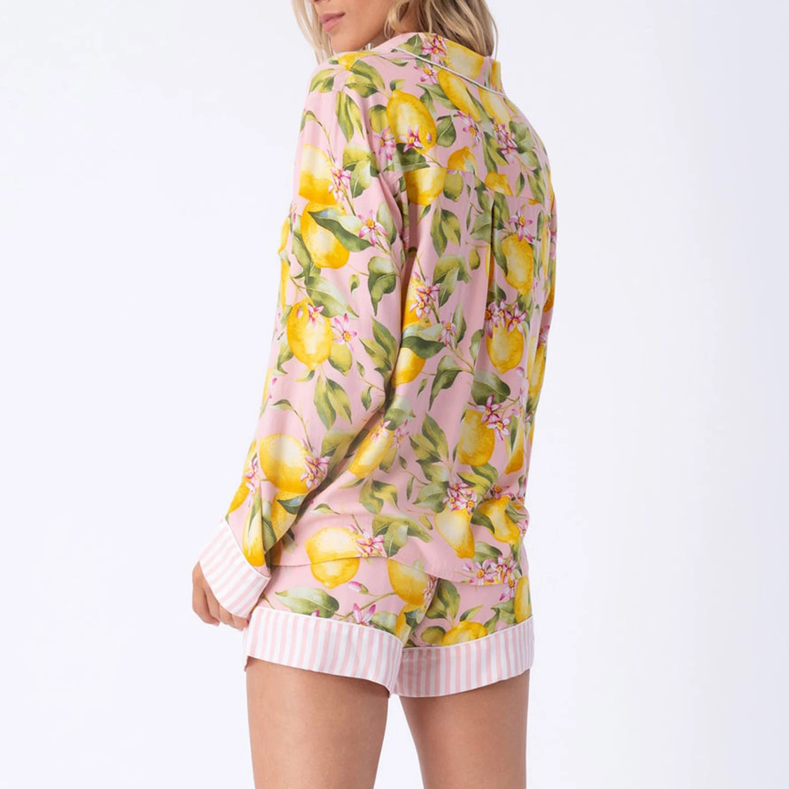 Hirigin-Ensembles de pyjama à imprimé floral rayé pour femmes, chemises boutonnées à manches longues, short Wstring de proximité, vêtements de détente esthétiques Kawaii, automne