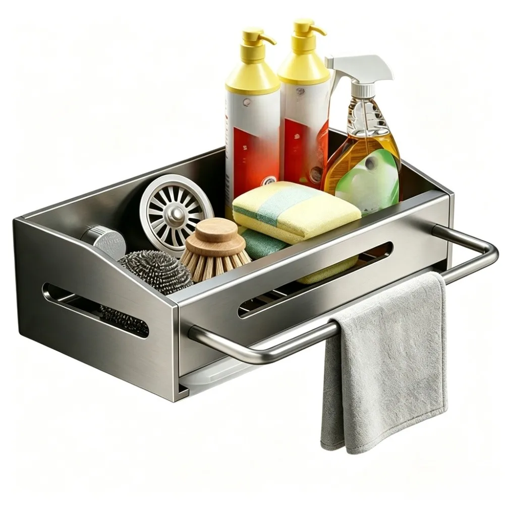 Wall Mount Kitchen Sink Sponge Holder Dish Tool Storage Organizer With Removable Drip Tray Hollow Drain Space Saving Accessory