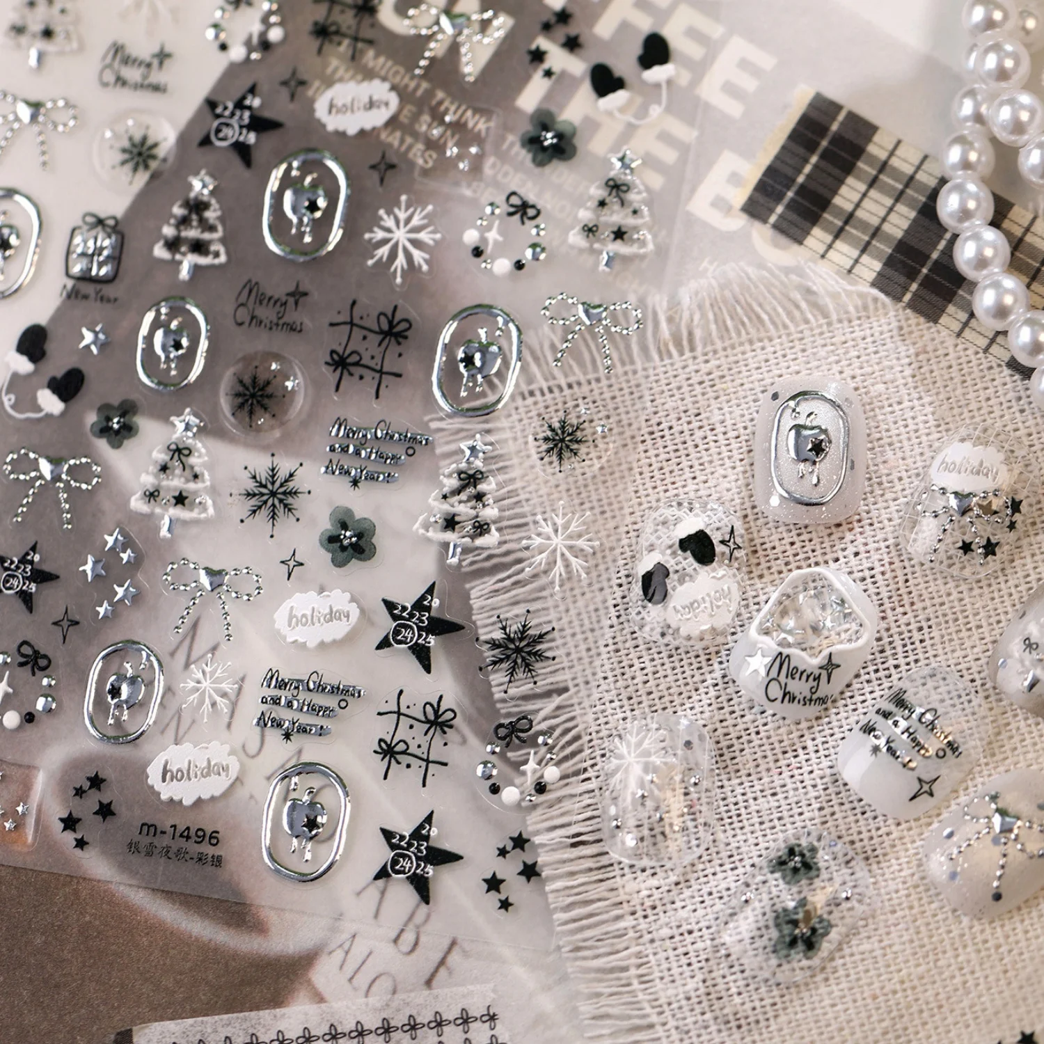 エレガントな冬 5D シルバーメタルクリスマスツリースノーフ - Nail Art Xmas Stickers のレビューと価格