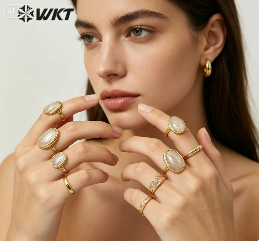 WT-MPR076 Nuevo Anillo Ajustable Unisex con Forma Ovalada Grande, Concha Blanca Mabe, Chapado en Oro de 18k, para Fiestas