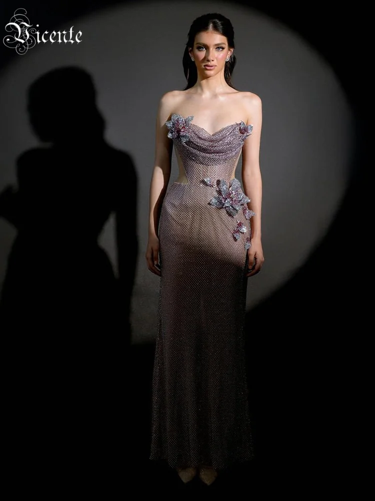 VC Luxury Crystal-Embellished Strapless Maxi Dresses with Sheer Illusion and Draped Detailing – Hollowed Out Formal Long Dress