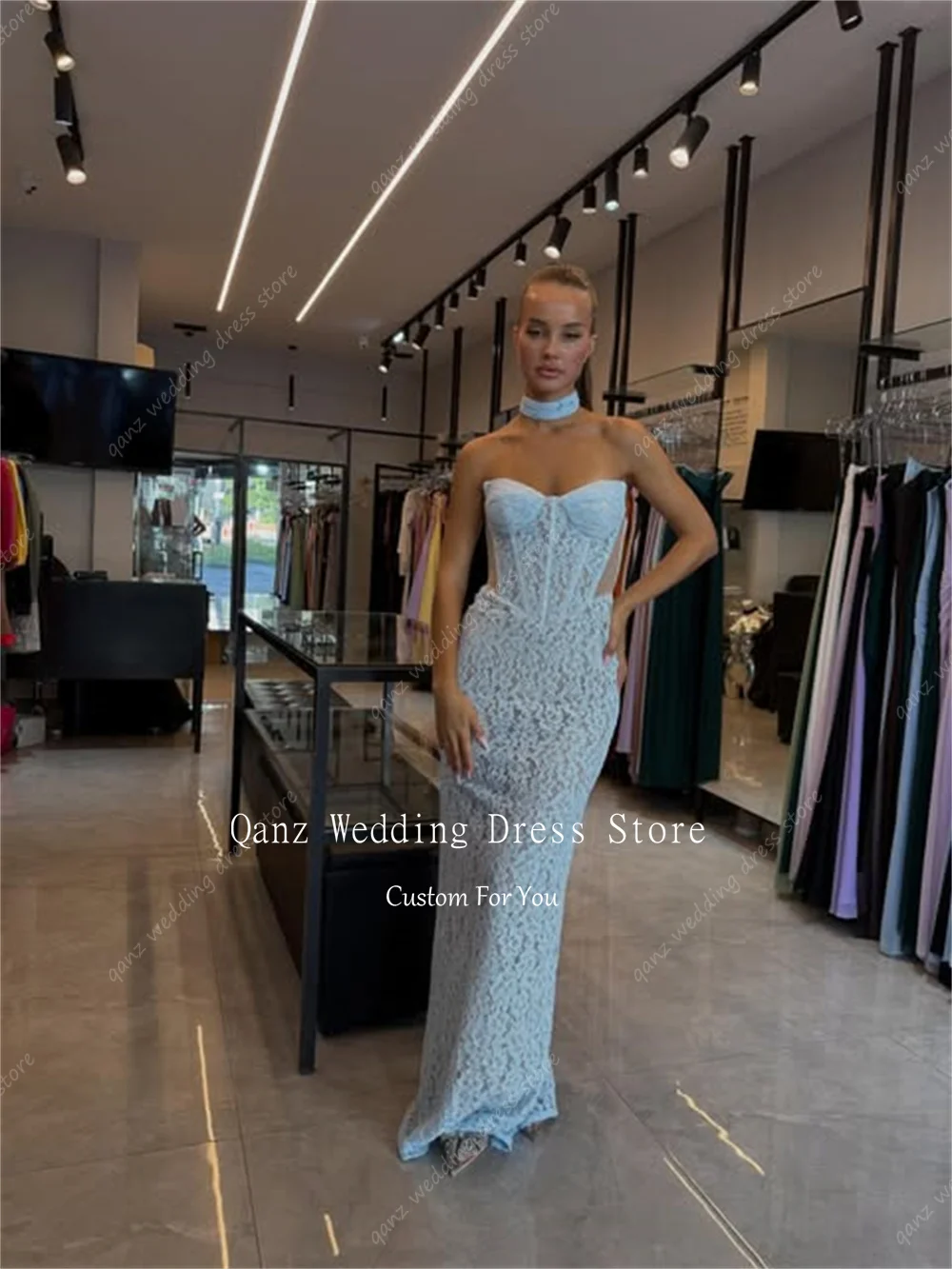 فساتين سهرة أنيقة من الدانتيل الأسود من Qanz حورية البحر بدون حمالات فستان حفلات الزفاف ببطانة عارية رداء De Soirée مخصص