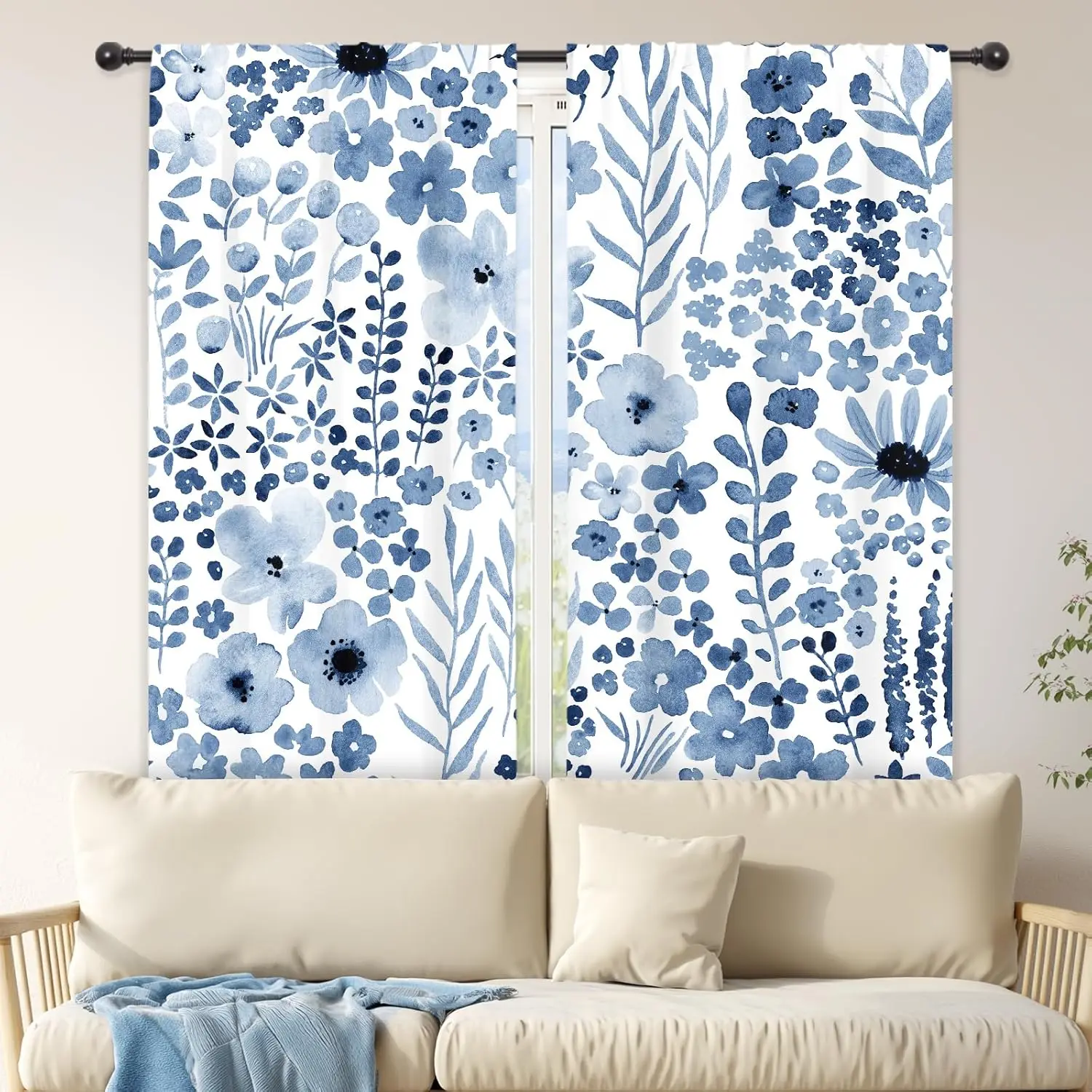 

Navy Blue Floral0 Curtains Wildflower Watercolor Flower Rustic Leaves Boho Cute Botanical Plant Spring Nature Rod Pocket Modern