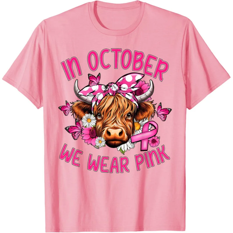 In October We Wear Pink Highland Cow Print Breast Cancer T-Shirt