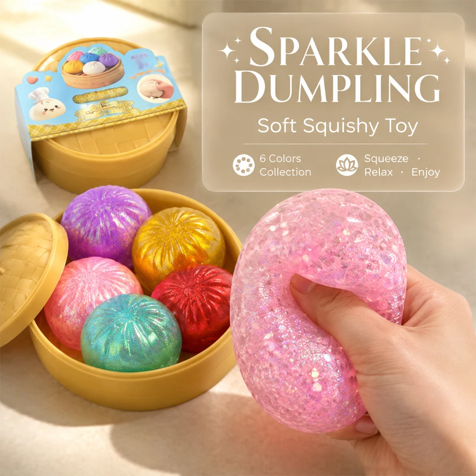 Hot New Soft Glitter Dumpling Squishy Steamer Case Random Color Sensory Fidget Decompression Squeeze Toy Slow Rebound TPR
