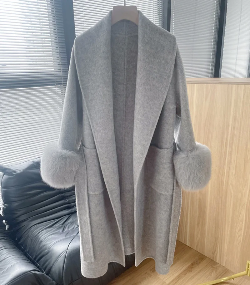 2024 Women's Winter Cashmere Wool Coats New Arrivals Fashion Oversized Trench Coat Fox Fur Cuff