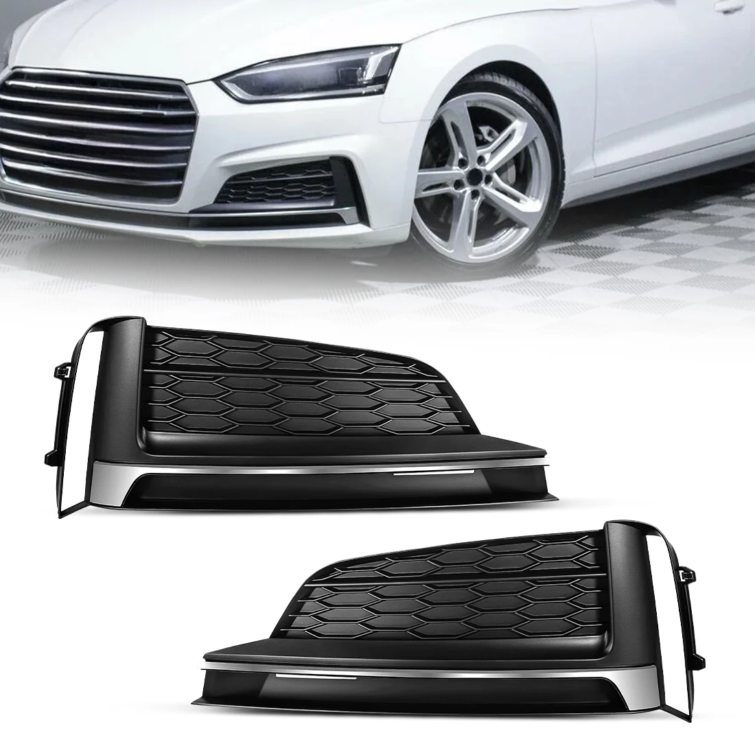 Front Bumper Fog Lamp Grille For Audi A5 Sport S5 S-line 2017 2018 2019 Fog Light Cover Honeycomb Hex Grill 8W6807681 8W6807682