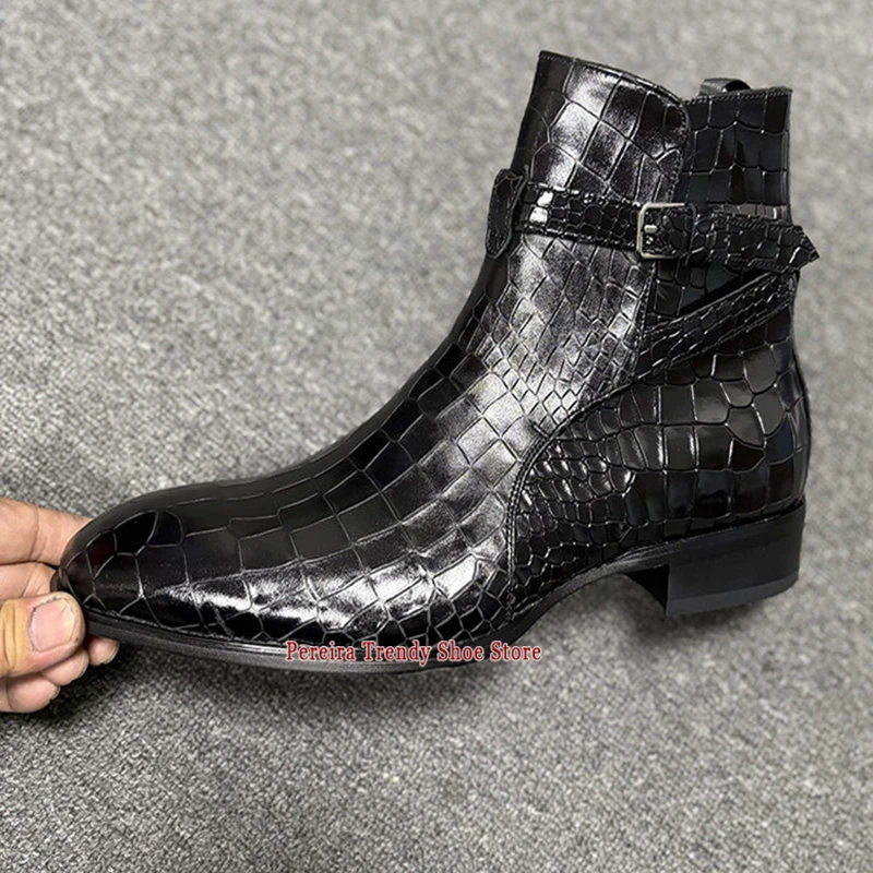Men's Buckle Strap Chelsea Boots Fashion Designer Snake-Print Embossed Leather Short Boots Comfortable Business Dress Shoes