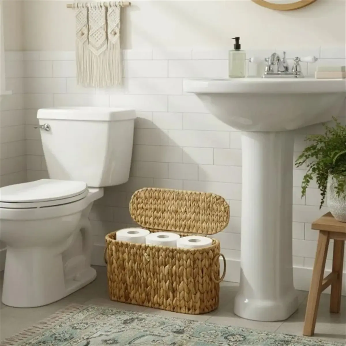 Home Tool Toilet Paper Storage Basket with Lid Wicker Toilet Paper Holder Stand Narrow Decorative Woven Bathroom Basket A