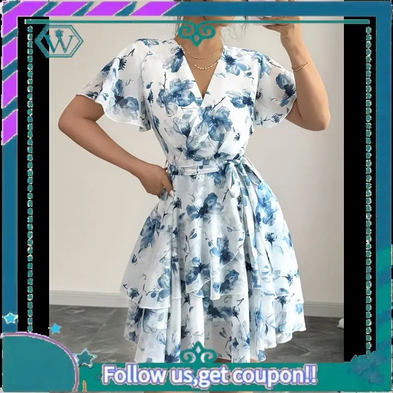 A09P – robe d'été à fleurs pour femmes, col en V, ourlet à volants, Spaghetti, tenues de plage décontractées, robe de soleil fluide, printemps