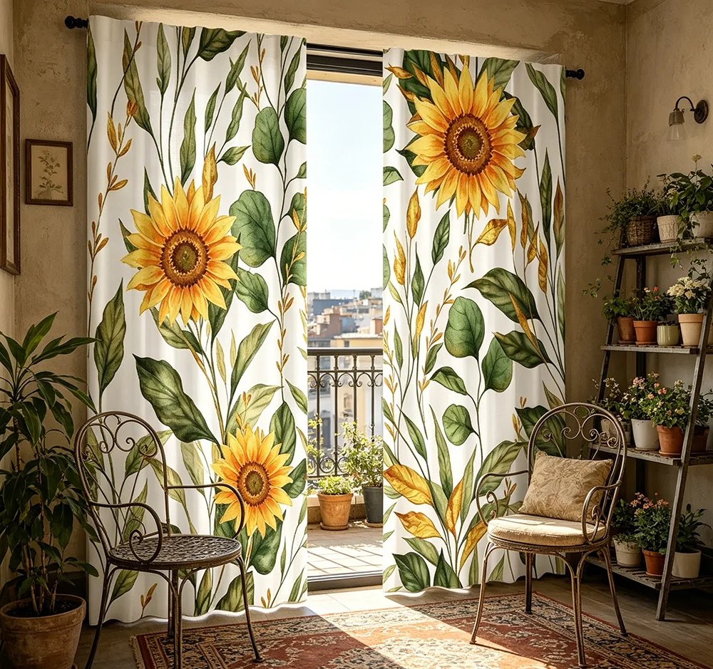2PCS Digital Printed Curtains, Sunflower Green Branch Nature Botanical, Rod Pocket Window Drapes for Living Room Bedroom Decor