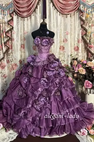 Custom Gorgeous Purple Strapless 3D Floral Prom Dress Shimmering Full Skirt Special Occasion Evening Gown Homecoming Prom Dress