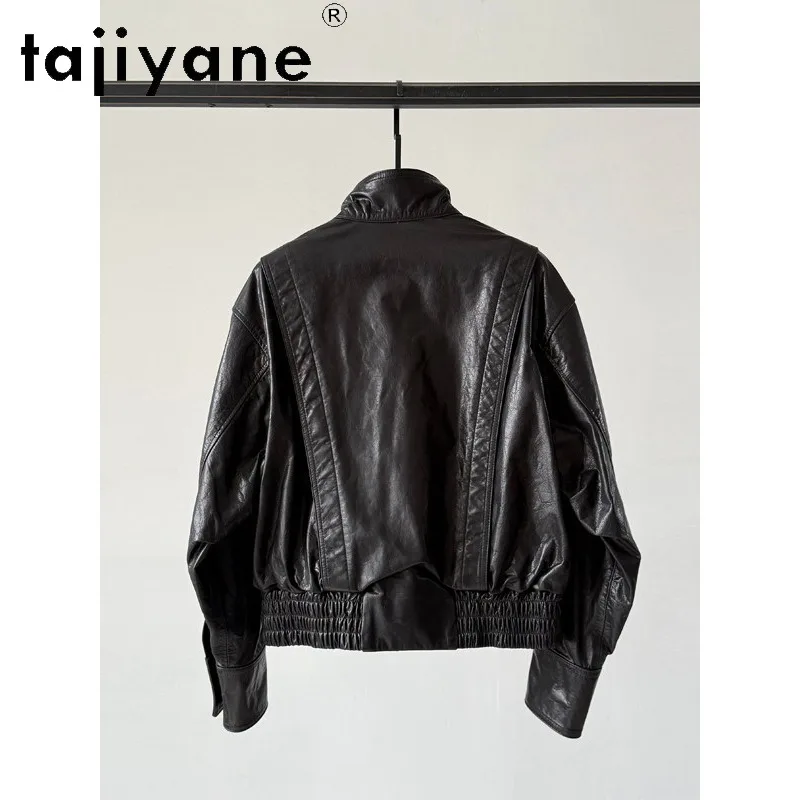 TAJIYANE Top Layer Cowhide Genuine Leather Jacket Woman Oil Waxed Leather Coat Short Biker Jackets for Woman Elastic Hem Jaqueta