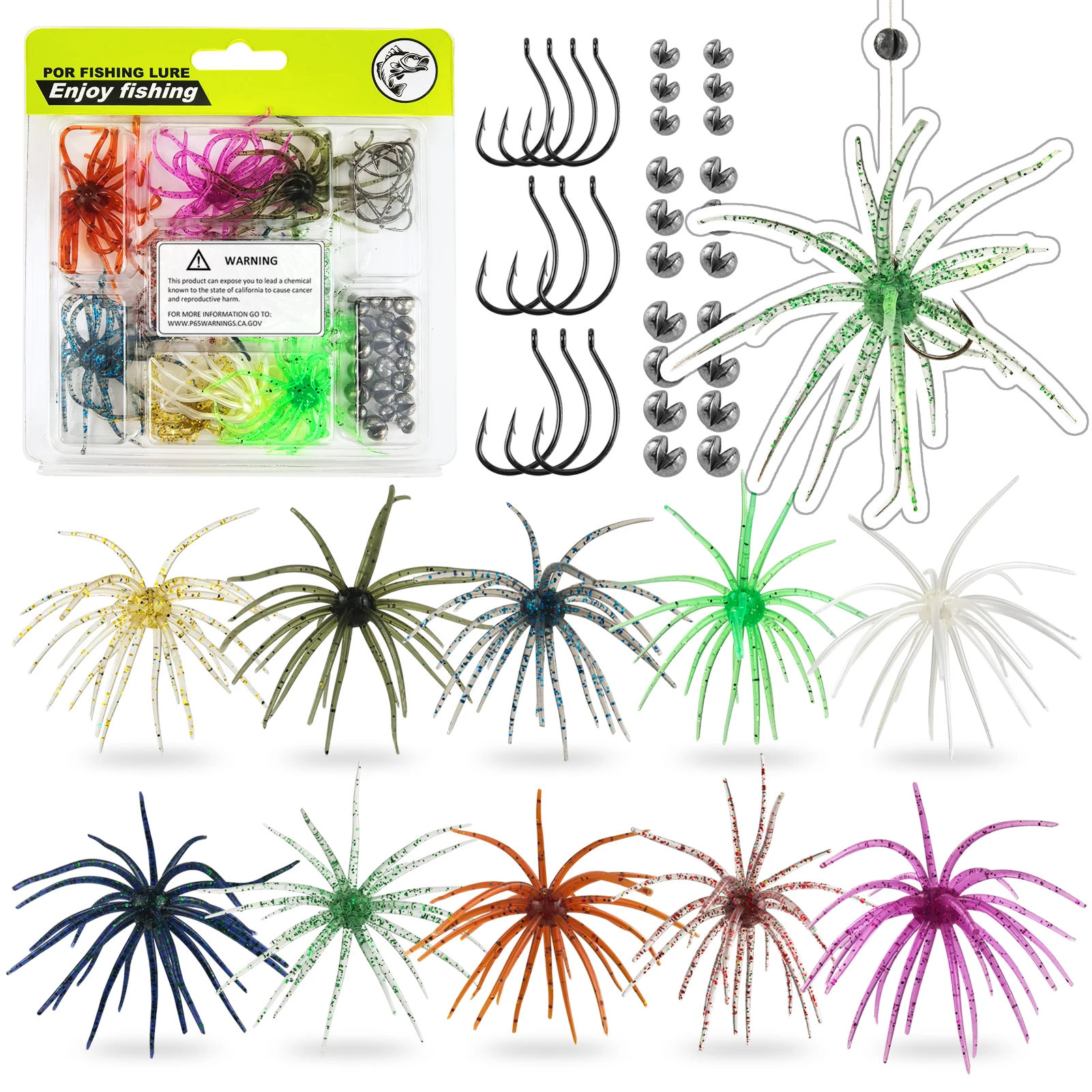 FREE FISHER 40 señuelos de erizo de mar con pesas de pesca, señuelos blandos flotantes con forma de criatura, señuelos artificiales peludos de 1.6g con anzuelos Wacky