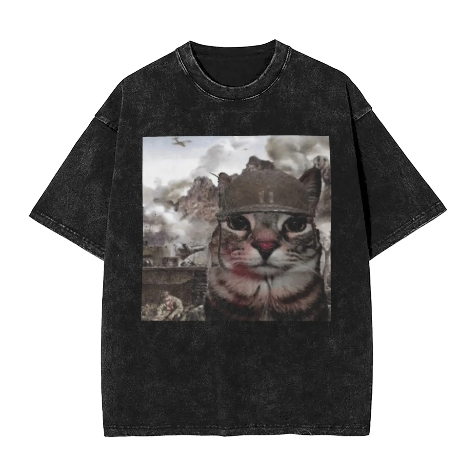 Funny Soldier Cat Classic Trendy A Washed T Shirt Men's Women's Oversized Cotton Tees Tops