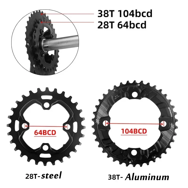 Prowheel 104BCD plato de bicicleta 64BCD anillo de cadena 26T 36T 28T 38T MTB plato de doble velocidad MTB rueda de cadena de bicicleta corona de bicicleta