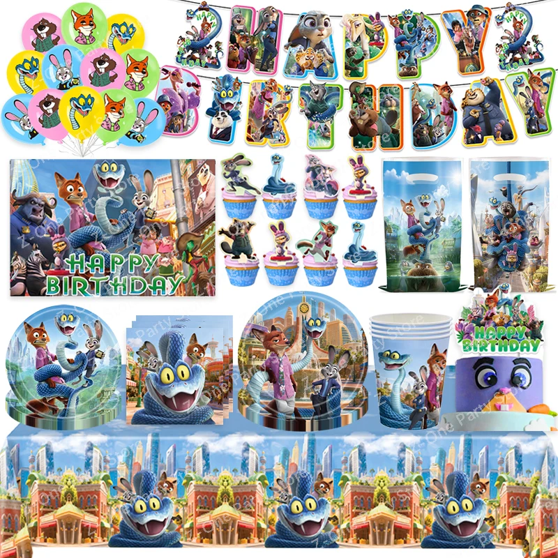 1 ensemble de vaisselle jetable Zootopia 2, décoration de fête d'anniversaire pour enfants, ballons Judy et Nick, sac cadeau, kit de fond de table, fête prénatale
