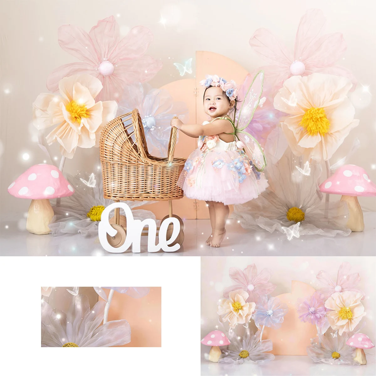 Fairy Pastel Organza Flower Mushroom Birthday Cake Smash Backdrop Baby Girl Newborn Photography Background