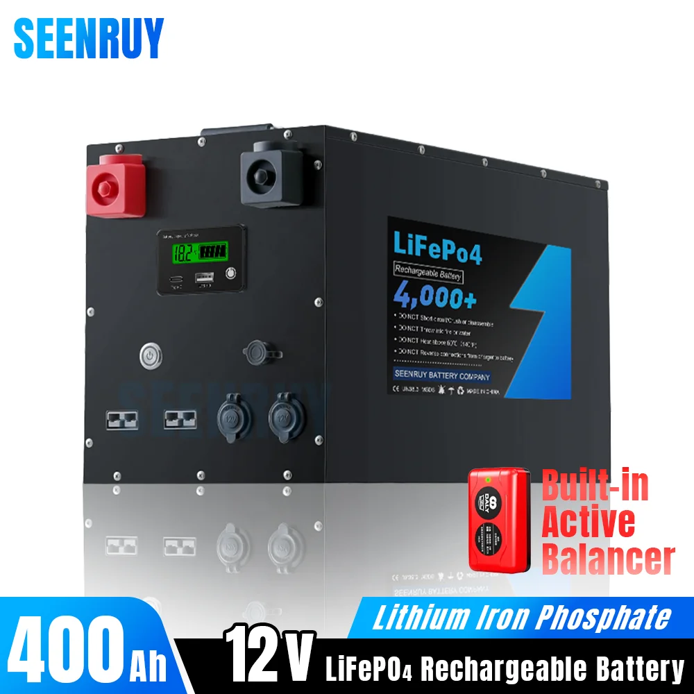 12V 400Ah Lifepo4 Battery Pack Built-in BMS and Active Balancer Optional Bluetooth for RV Solar Energy Outdoor +Charger