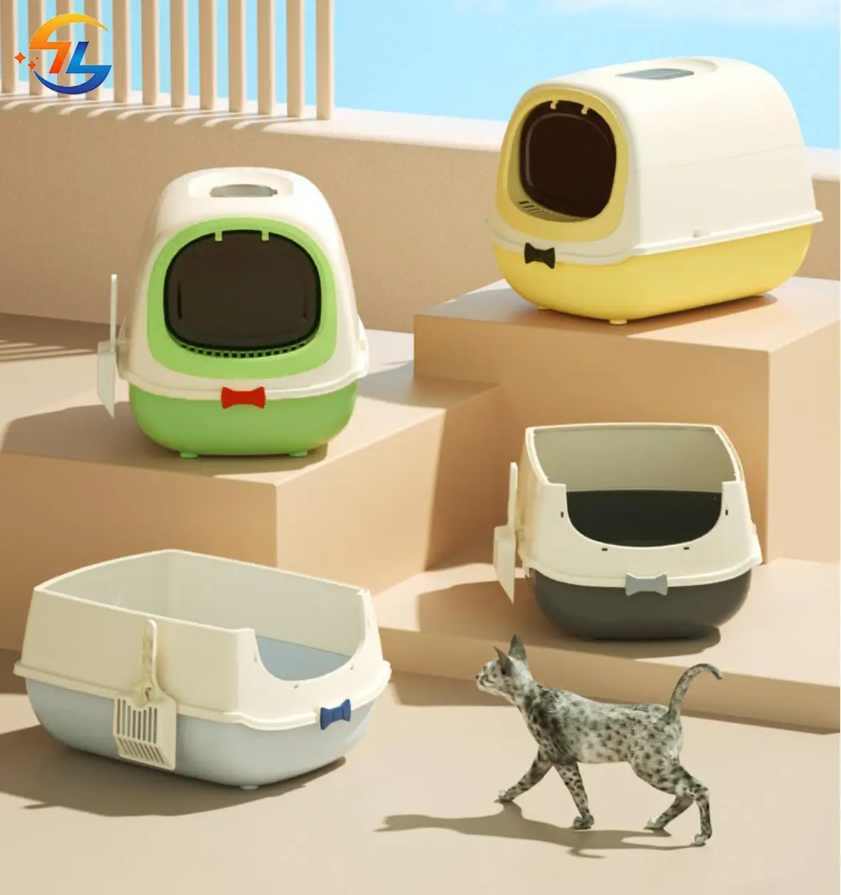 منتجات الحيوانات الأليفة صندوق نفايات القطط صندوق نفايات القطط الكبير مغلق بالكامل الوجه العلوي مرحاض القطط المضادة للرذاذ صندوق نفايات لوازم