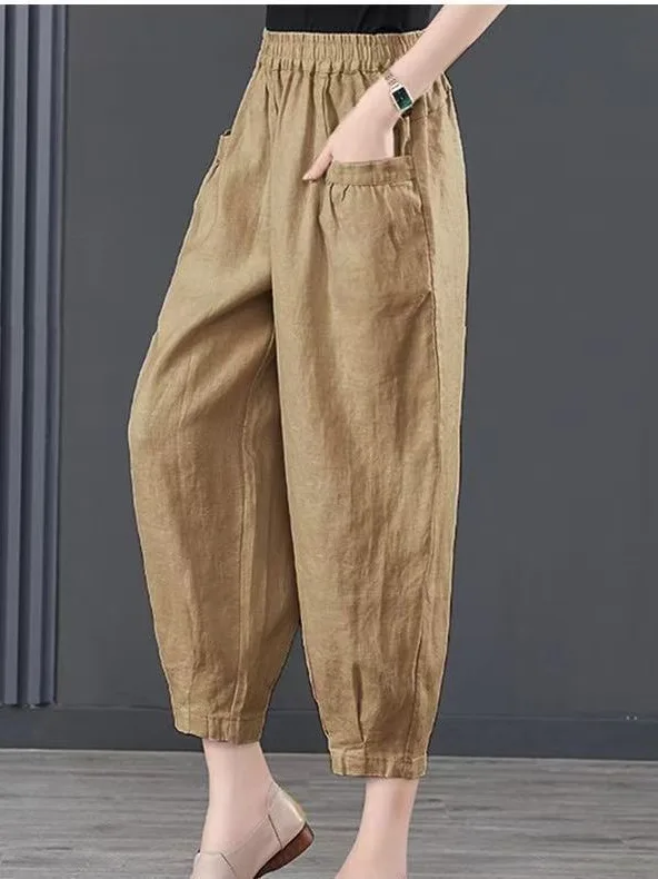 Calças Femininas Soltas de Algodão e Linho de Verão 2025, Cintura Alta, Comprimento Nove Pontos, Cor Pura, Duráveis, Confortáveis e Casuais