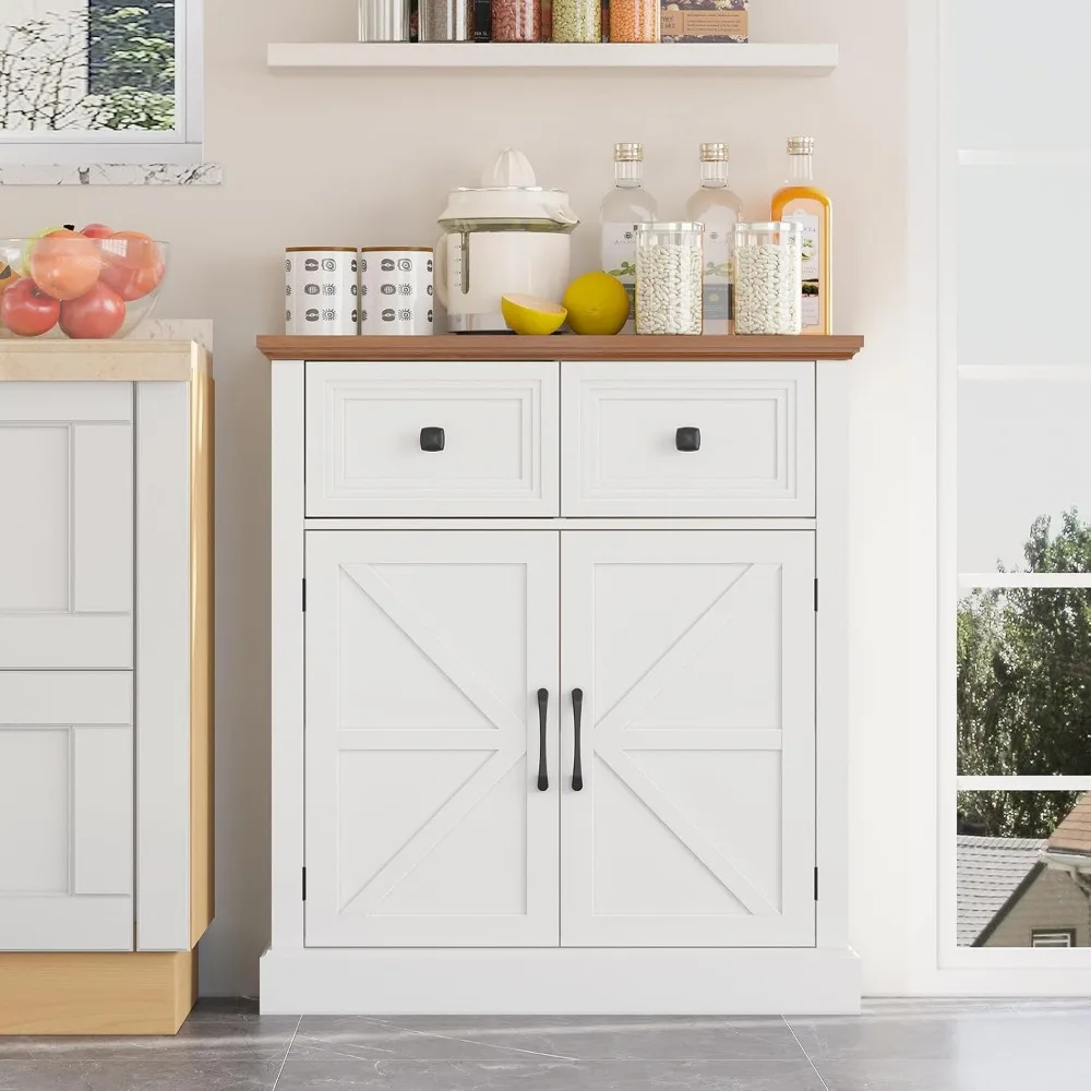 خزانة جانبية لبوفيه المزرعة مع أدراج، وخزانة مخزن خشبية مع مساحة تخزين، وخزانة تخزين ريفية مع رف قابل للتعديل