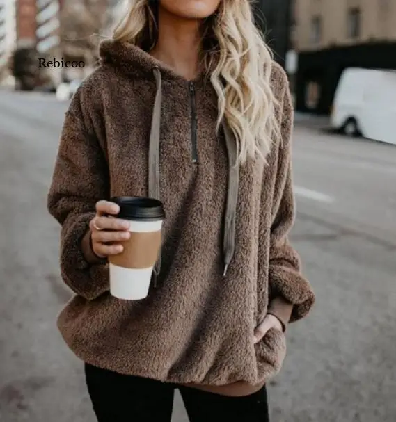 

Autumn And Winter Season New Casual Women Hoodie Zipper Pocket Slim Girl Pullover Solid Color Thickened Ladies Sweatshirt