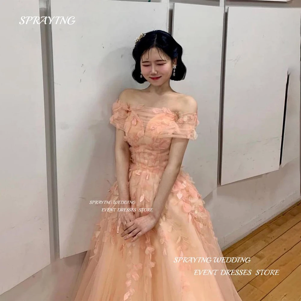 

SPRAYING Baby Pink Korea Wedding Dress Photo Shoot Off Shoulder A Line Bridal Gown Lace Applique Bridal Dresses 웨딩드레스