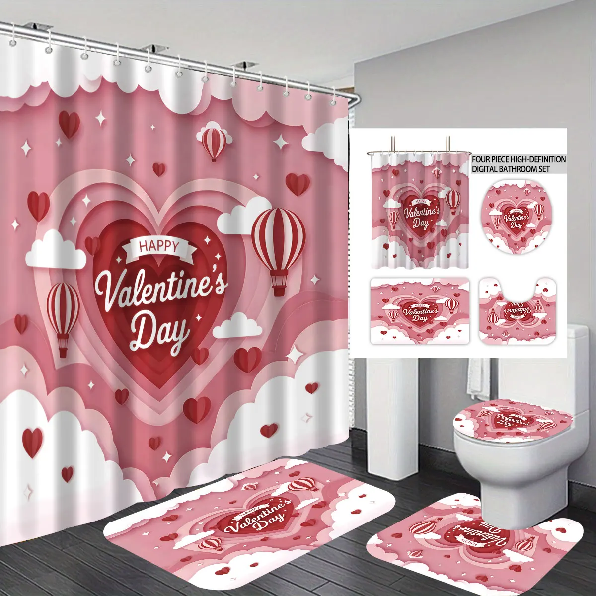 

4pcs Valentine's Day Pink Romantic Love Printed Bathroom Set Waterproof Shower Curtain Floor Mat U-shaped Toilet Mat