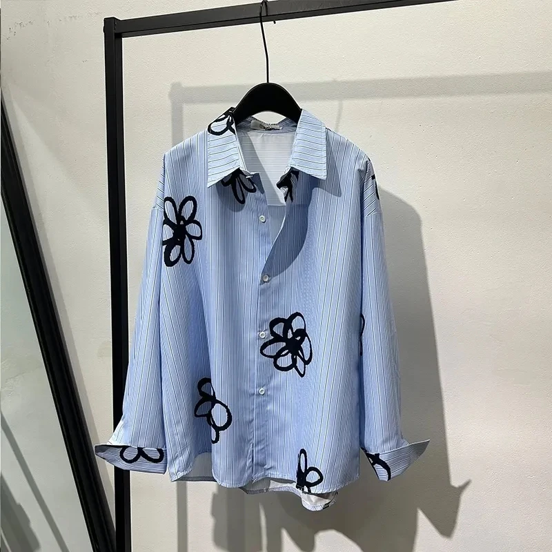 

Женская блузка весна-осень 2026: Новая корейская рубашка с длинным рукавом, в полоску, с принтом, на пуговицах, женский топ