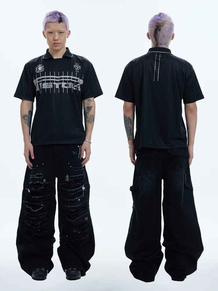 Calças jeans largas de alta resistência, das, modelo DND4DES Design Sensation, com detalhes de rasgos e desgaste, em mist...