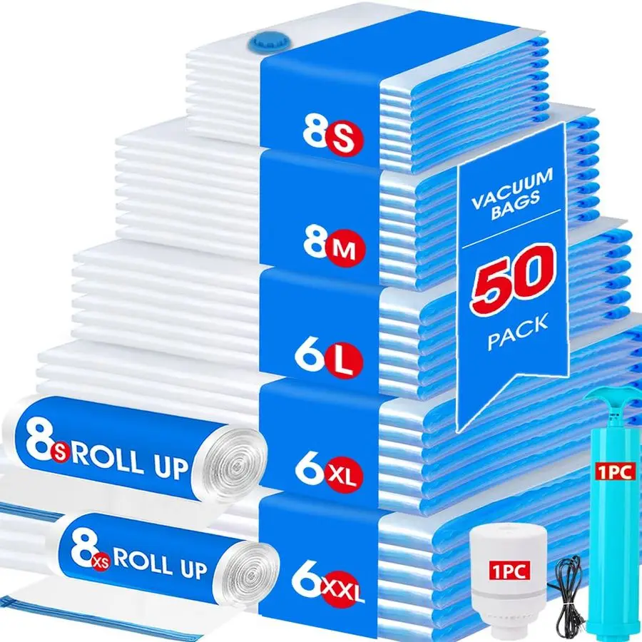 

Набор из 50 вакуумных пакетов для хранения: экономия места, для одежды, одеял, сезонного хранения, с электрическим насосом, вакуумные пакеты для морских перевозок